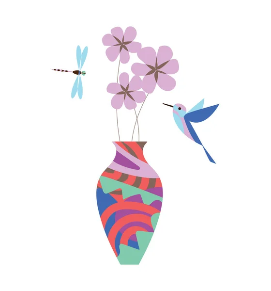 Εικονογράφηση Διάνυσμα Βάζο Λουλούδια Κολιμπρί Και Λιβελούλες Ιδανικό Για Σχέδια — Διανυσματικό Αρχείο