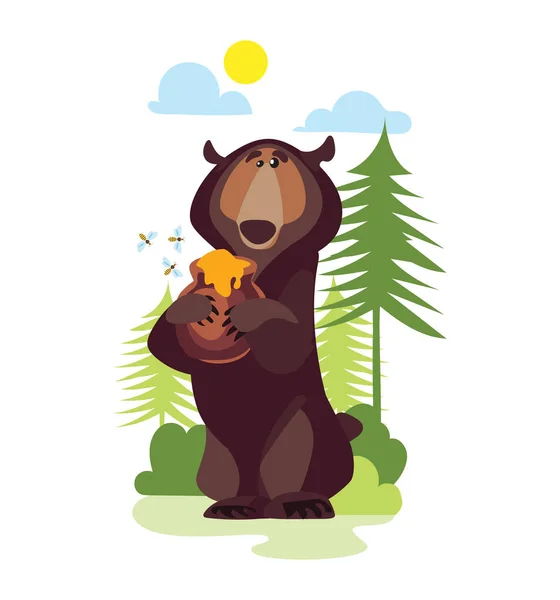 Urso Desenho Animado Infantil Com Pote Mel Abelhas Floresta Verde — Vetor de Stock