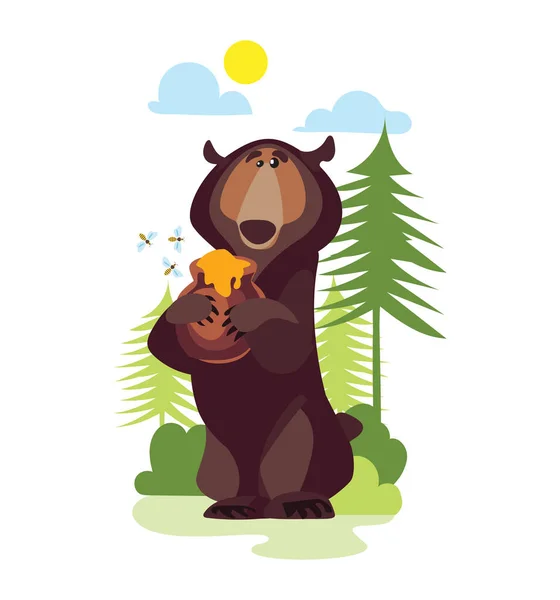 像小孩一样的卡通熊与蜂蜜罐 蜜蜂在绿色的森林里 以自然为主题的设计 孩子们的设计 等等的异想天开的矢量图解 白人背景 — 图库矢量图片#