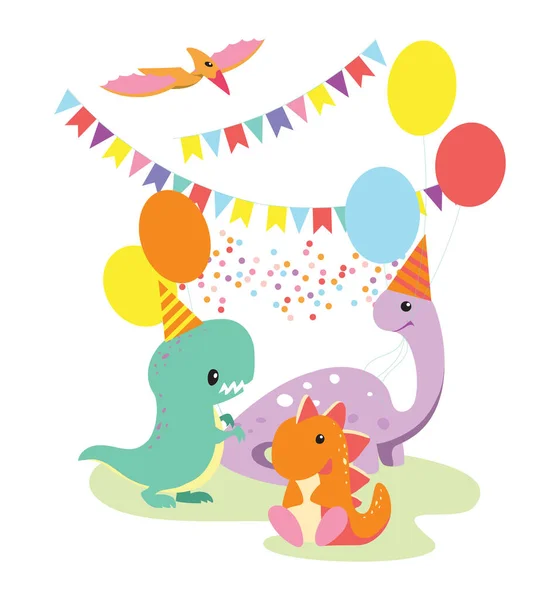 快乐的卡通恐龙 背景上有气球和旗帜 庆祝活动 儿童活动和更多活动的动词向量 — 图库矢量图片#