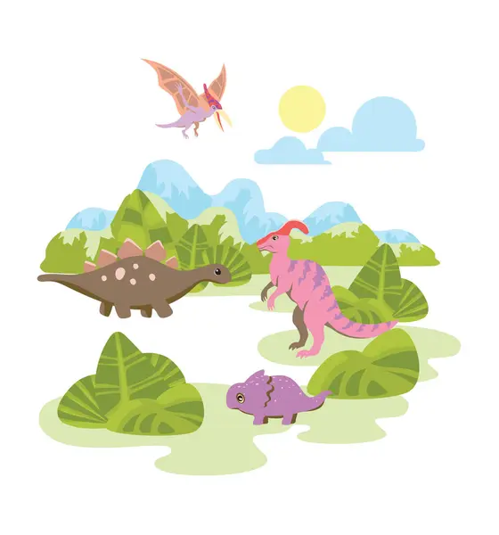 Dinosaurios Dibujos Animados Alegres Medio Terreno Montañoso Exuberante Vegetación Arte — Vector de stock