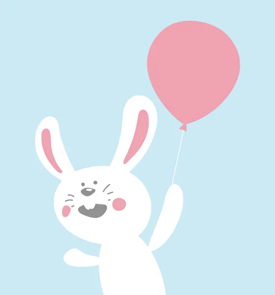 青い背景にピンクの風船が付いている漫画の白いウサギのベクターの描画 子供の文学と教育材料に最適な魅力的なベクターイラスト — ストックベクタ