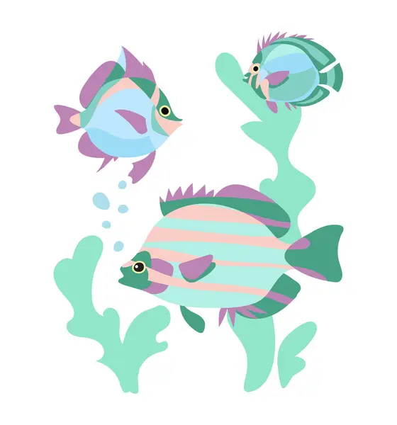 藻類の間で泳ぐ漫画の魚のベクトル図 藻類の間で泳ぐ漫画の魚のベクトル図面 児童文学 教育資料に最適 — ストックベクタ