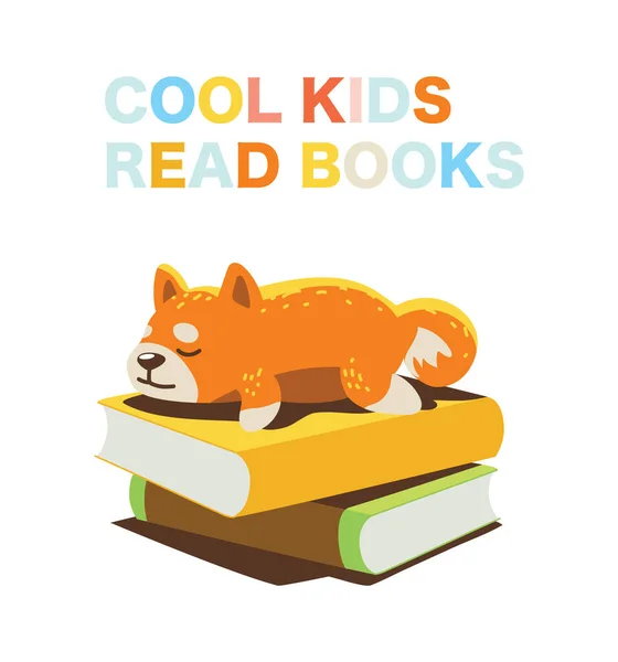 本で寝ている漫画の小さな犬のベクター図 ベクトルイラスト 児童文学や教育資料に最適 — ストックベクタ