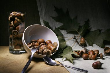 Acorns for food, lying on a plate with a fork and spoon. clipart