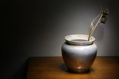 Ahşap yüzey üzerinde duran inci vazonun beyaz anası.