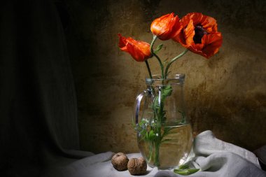 Gelincikler. Çiçekli, gelincikli bir hayat vazonun içinde su ile birlikte eski bir duvara karşı duruyor.