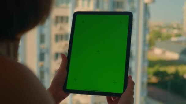 Woman Standing Front Open Window Using Digital Tablet Green Screen — Stock videók