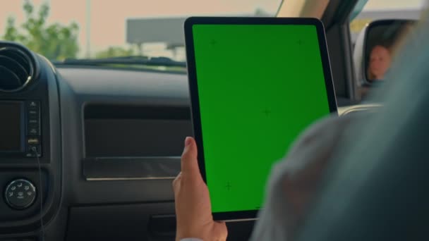 Woman Sitting Passenger Seat Tapping Isolated Green Screen Summer Road — Stock videók
