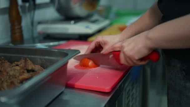女性切蔬菜慈善厨房的细节 — 图库视频影像