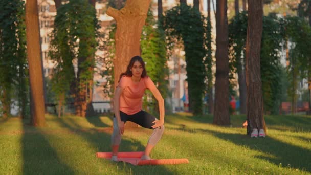 Spor Taytlı Tişörtlü Bir Kadın Yaz Parkında Açık Havada Esnek — Stok video