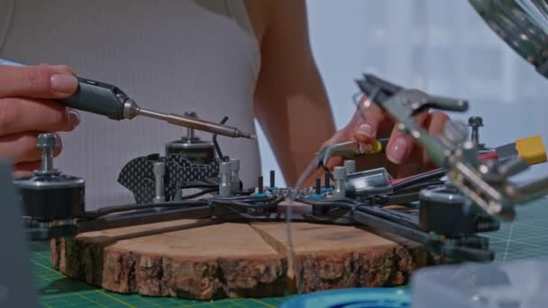 Side View Woman Doing Soldering Iron Job Technologies Unmanned Aerial — Stock Video
