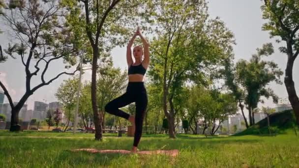Frau Macht Yoga Workout Stadtpark Sommerbaumpose Freien — Stockvideo