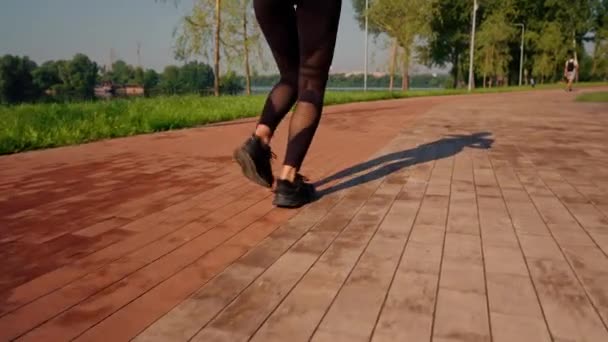 Bayan Bacakları Yakın Yaz Parkında Nehir Boyunca Koşan Kadın Sabah — Stok video