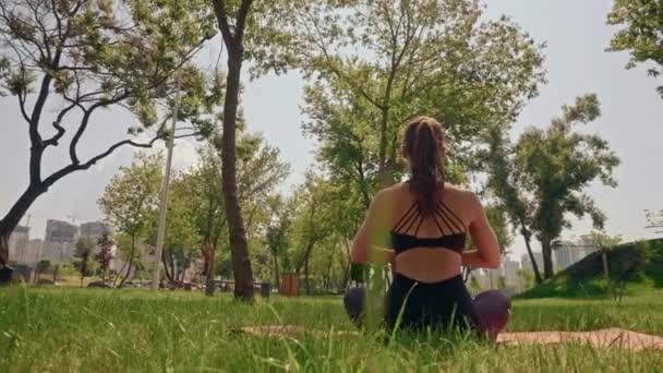 在夏日阳光明媚的公园里 坐在瑜伽垫上的后视镜女子做着呼吸练习 — 图库视频影像