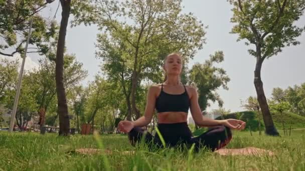 Vrouw Dragen Activewear Zittend Yoga Mat Ademhalingsoefeningen Park Zomer Zonnige — Stockvideo