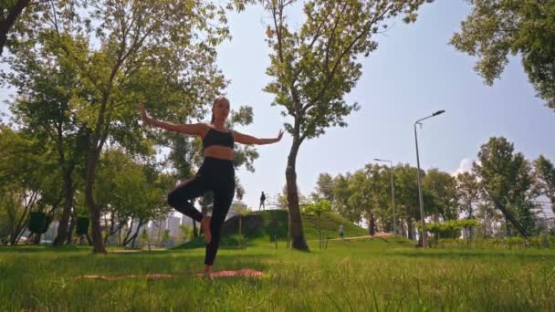 Yoga Training Het Gras Ochtend Park Zomer Zonlicht Gezonde Actieve — Stockvideo