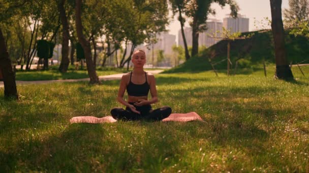 Parkta Nefes Egzersizleri Güneşli Yaz Aktif Giyinen Kadın Yoga Minderinde — Stok video
