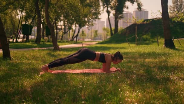Vrouw Doen Plank Oefening Outdoor Fitness Workout Park Slow Motion — Stockvideo