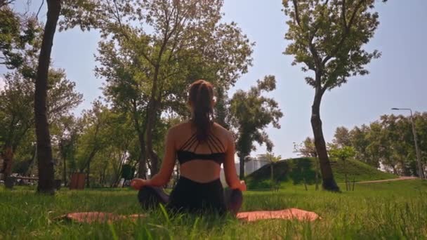 Een Vrouw Zit Een Yoga Positie Het Gras Een Park — Stockvideo
