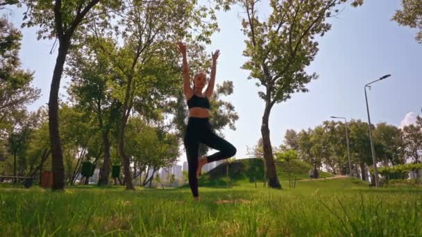 Женщина Исполняет Различные Позы Йоги Парке Окруженный Деревьями Зеленью Фокусируется — стоковое видео