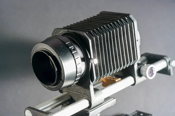Oude Fotocamera Met Balg Lens Detail — Stockfoto