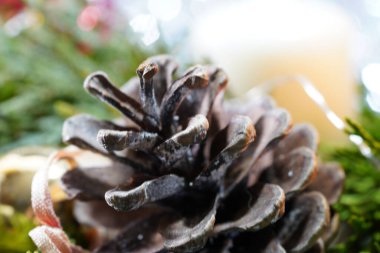 Kırmızı mumlar ve noel ağacı topları ve yeşil köknar dalları ve çam kozalakları ile Noel.
