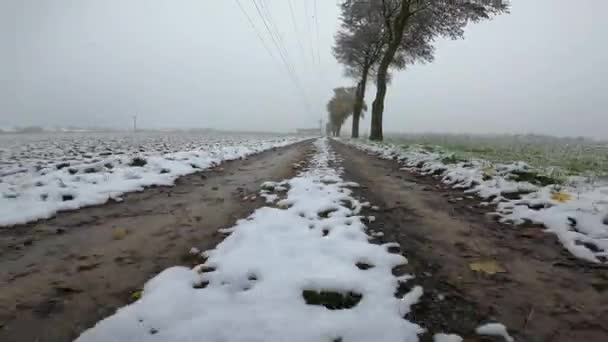 冬季积雪覆盖的田野和泥泞的土路 — 图库视频影像