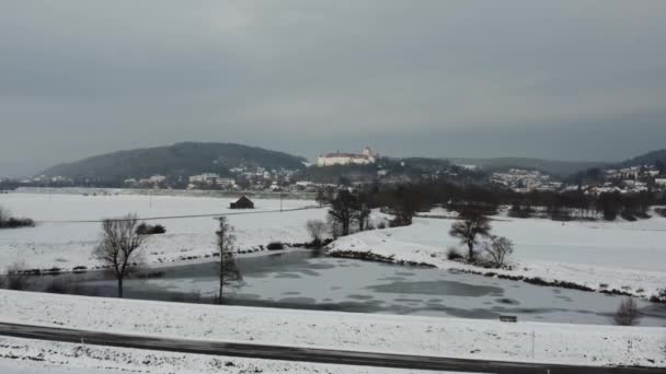 Wrth Der Donau Inverno Com Castelo Neve Vista Aérea — Vídeo de Stock
