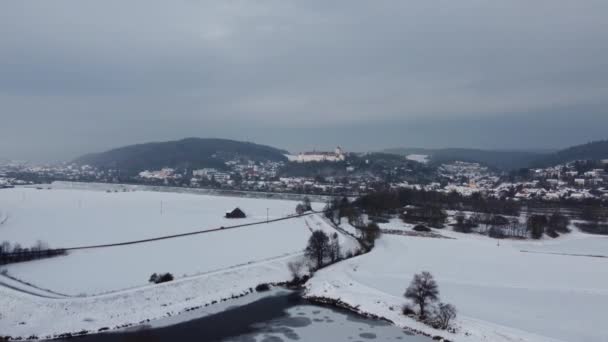 Woerth Der Donau Winter Castle Aerial View — Stock Video