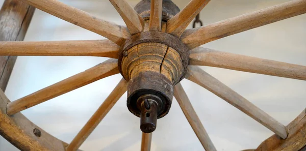 old wooden wheel on the background of the house
