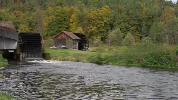 Vízimalom Fából Készült Kerékkel Regen Folyón Bajorországban — Stock videók