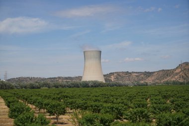 İspanya 'da Rio Ebro' da güzel bir manzarası olan soğutma kulesi olan bir nükleer enerji santrali.