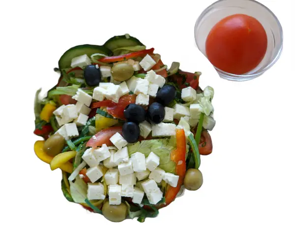 Salad Cheese Olives Black Plate White Background — Stock Photo, Image