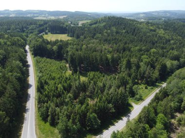 Yeşil ormandan geçen yolun havadan görüntüsü. Drone fotoğrafçılığı