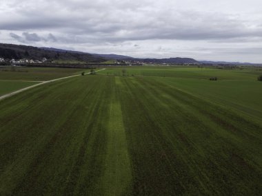 Aerial view of a green agricultural field on a cloudy day.