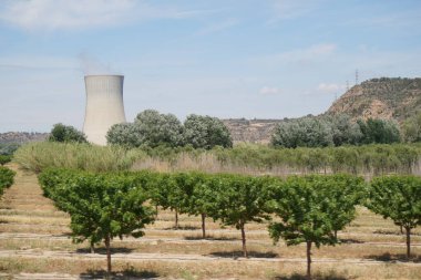 İspanya 'da Rio Ebro' da güzel bir manzarası olan soğutma kulesi olan bir nükleer enerji santrali.