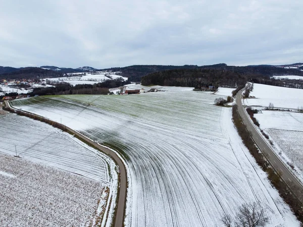 Snow Covered Agricultural Fields Bavaria Cloudy Day — Stockfoto