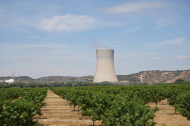 İspanya 'da Rio Ebro' da güzel bir manzarası olan soğutma kulesi olan bir nükleer enerji santrali.