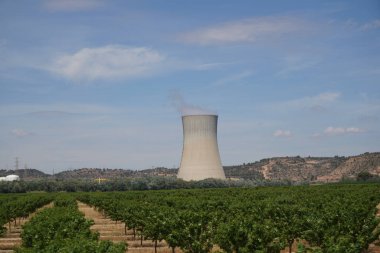 İspanya 'da Rio Ebro' da güzel bir manzarası olan soğutma kulesi olan bir nükleer enerji santrali.