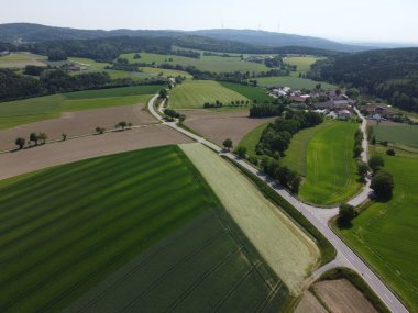 Yeşil ormandan geçen yolun havadan görüntüsü. Drone fotoğrafçılığı
