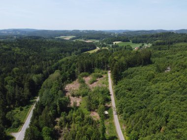 Yeşil ormandan geçen yolun havadan görüntüsü. Drone fotoğrafçılığı