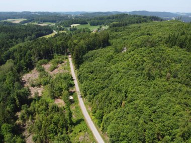 Yeşil ormandan geçen yolun havadan görüntüsü. Drone fotoğrafçılığı