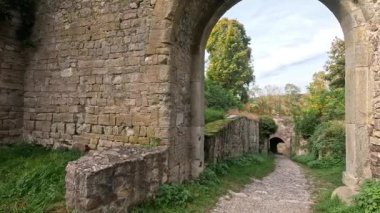 Eski duvarları ve sonbahar ağaçları olan parktaki şato harabeleri