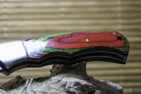 Pocket knife with wooden handle and forged scabbard in detail