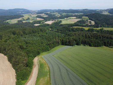 Tarlaları ve çayırları olan Bavyera ormanı, hava manzarası