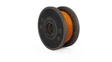 Beyaz arka planda plastik tel makara yapısı izole edilmiş. 3B Hazırlama, Resmetme.