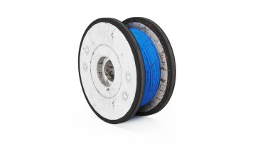 Beyaz arka planda plastik tel makara yapısı izole edilmiş. 3B Hazırlama, Resmetme.