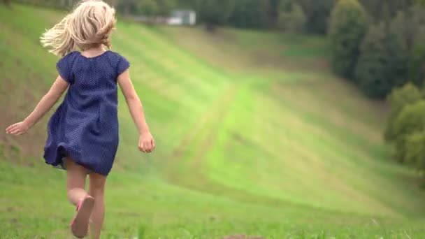 Mała Siwowłosa Dziewczynka Bawiąca Się Parku Biegnąca Przez Zieloną Trawę — Wideo stockowe