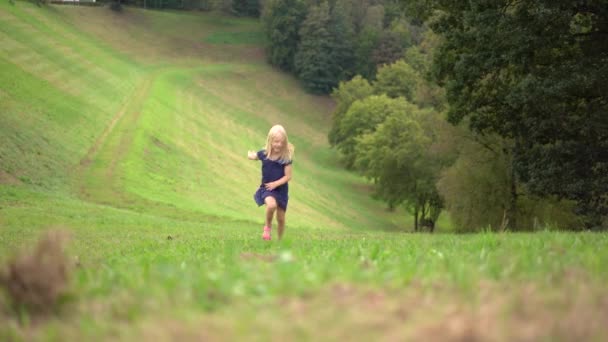 Mała Siwowłosa Dziewczynka Bawiąca Się Parku Biegnąca Przez Zieloną Trawę — Wideo stockowe